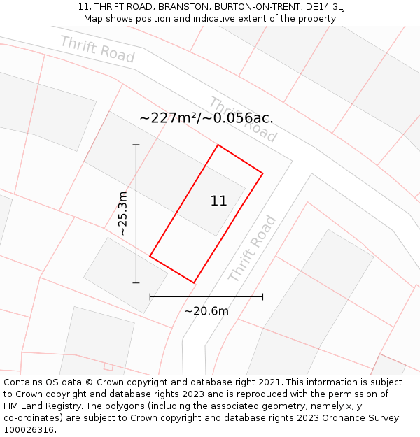 11, THRIFT ROAD, BRANSTON, BURTON-ON-TRENT, DE14 3LJ: Plot and title map