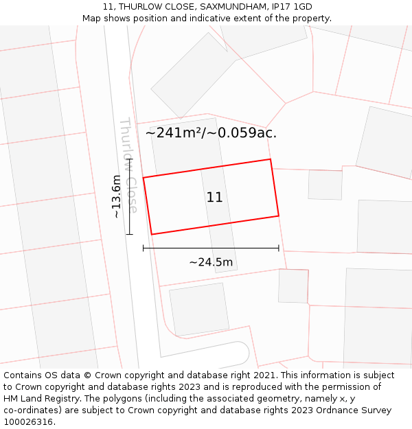 11, THURLOW CLOSE, SAXMUNDHAM, IP17 1GD: Plot and title map
