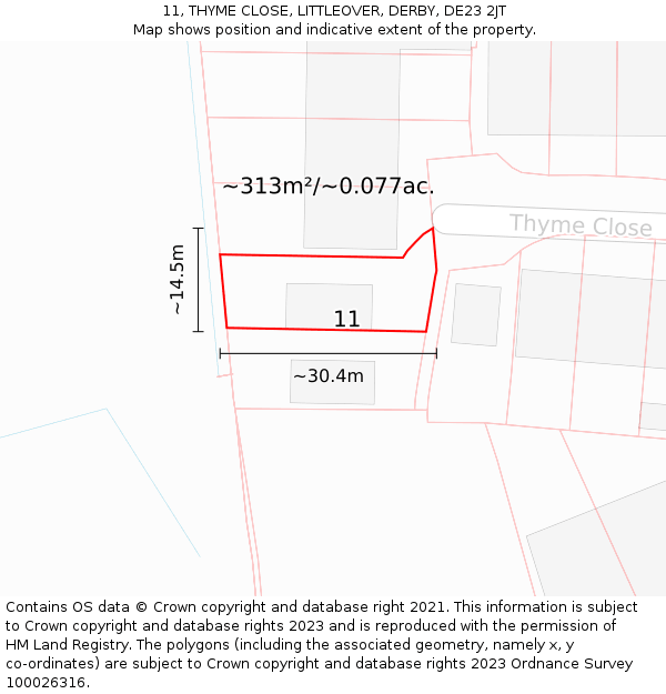 11, THYME CLOSE, LITTLEOVER, DERBY, DE23 2JT: Plot and title map