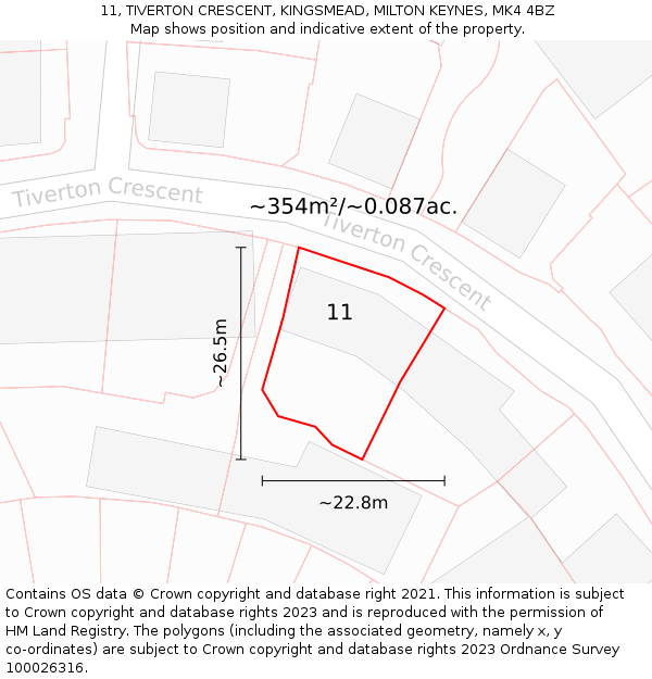 11, TIVERTON CRESCENT, KINGSMEAD, MILTON KEYNES, MK4 4BZ: Plot and title map