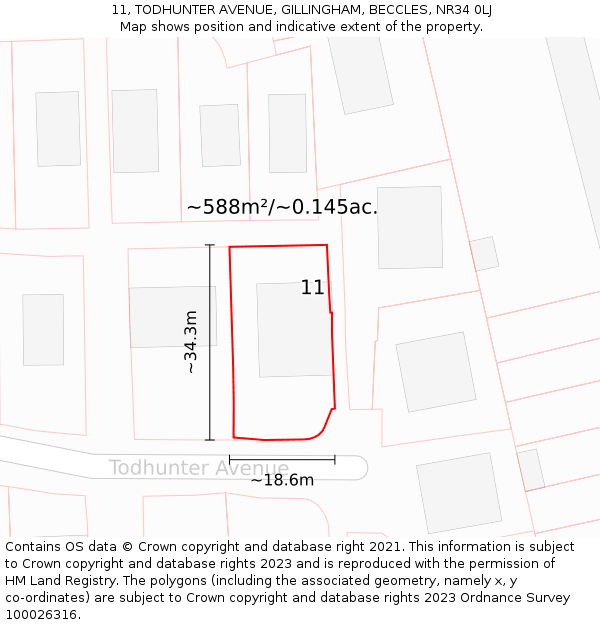 11, TODHUNTER AVENUE, GILLINGHAM, BECCLES, NR34 0LJ: Plot and title map