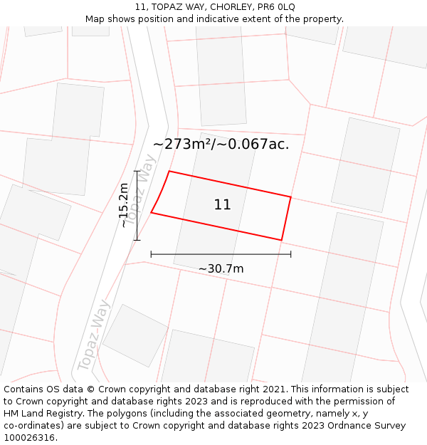 11, TOPAZ WAY, CHORLEY, PR6 0LQ: Plot and title map