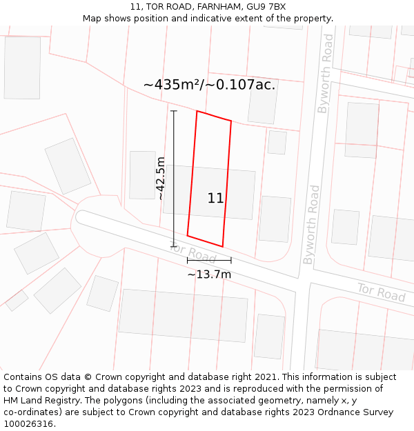 11, TOR ROAD, FARNHAM, GU9 7BX: Plot and title map