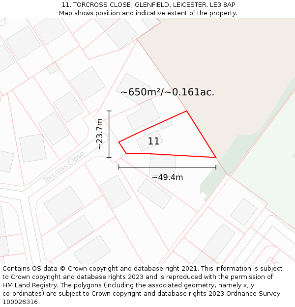 11, TORCROSS CLOSE, GLENFIELD, LEICESTER, LE3 8AP: Plot and title map