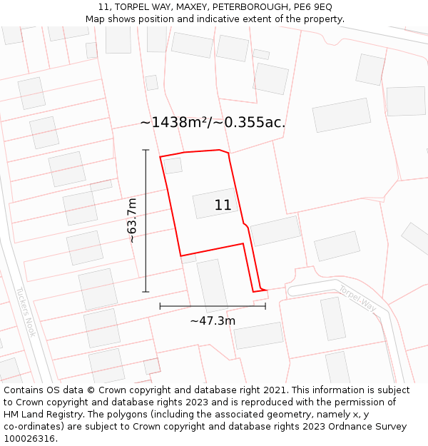 11, TORPEL WAY, MAXEY, PETERBOROUGH, PE6 9EQ: Plot and title map