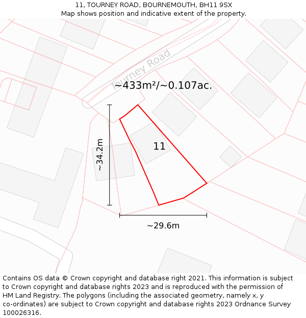 11, TOURNEY ROAD, BOURNEMOUTH, BH11 9SX: Plot and title map