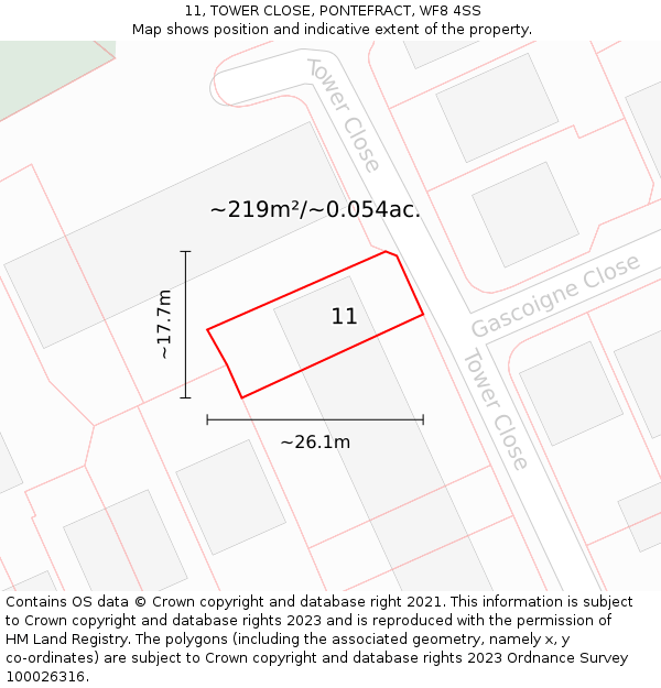 11, TOWER CLOSE, PONTEFRACT, WF8 4SS: Plot and title map