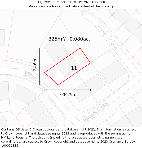 11, TOWERS CLOSE, BEDLINGTON, NE22 5ER: Plot and title map