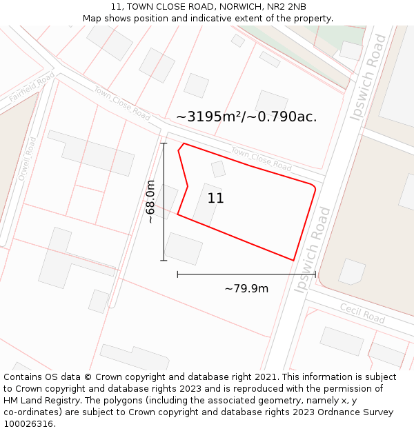 11, TOWN CLOSE ROAD, NORWICH, NR2 2NB: Plot and title map
