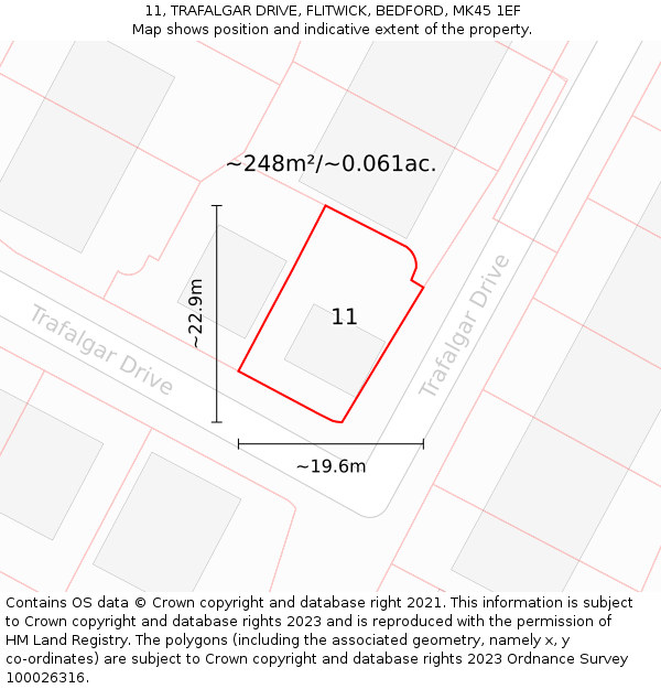 11, TRAFALGAR DRIVE, FLITWICK, BEDFORD, MK45 1EF: Plot and title map