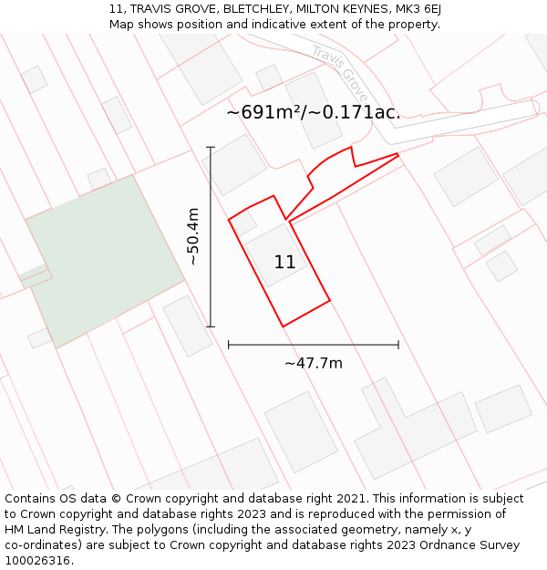11, TRAVIS GROVE, BLETCHLEY, MILTON KEYNES, MK3 6EJ: Plot and title map