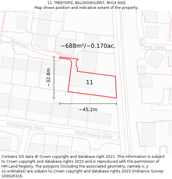 11, TREETOPS, BILLINGSHURST, RH14 9GQ: Plot and title map