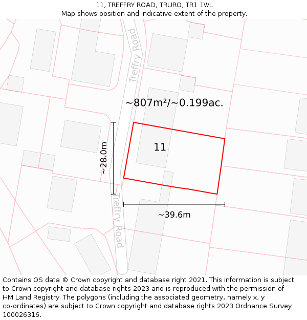 11, TREFFRY ROAD, TRURO, TR1 1WL: Plot and title map