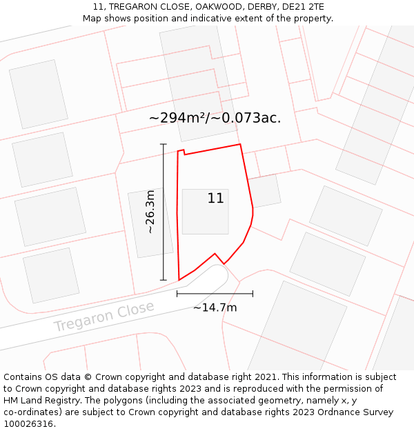 11, TREGARON CLOSE, OAKWOOD, DERBY, DE21 2TE: Plot and title map