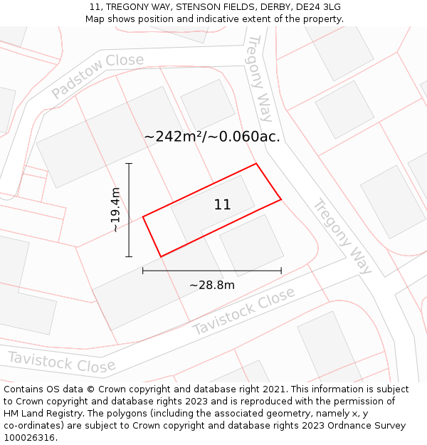 11, TREGONY WAY, STENSON FIELDS, DERBY, DE24 3LG: Plot and title map