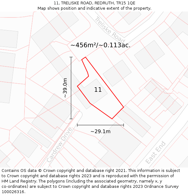 11, TRELISKE ROAD, REDRUTH, TR15 1QE: Plot and title map