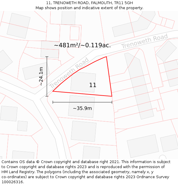 11, TRENOWETH ROAD, FALMOUTH, TR11 5GH: Plot and title map