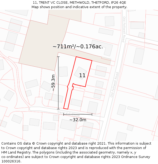11, TRENT VC CLOSE, METHWOLD, THETFORD, IP26 4QE: Plot and title map