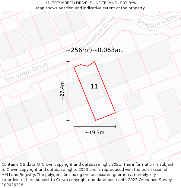 11, TREVARREN DRIVE, SUNDERLAND, SR2 0YW: Plot and title map
