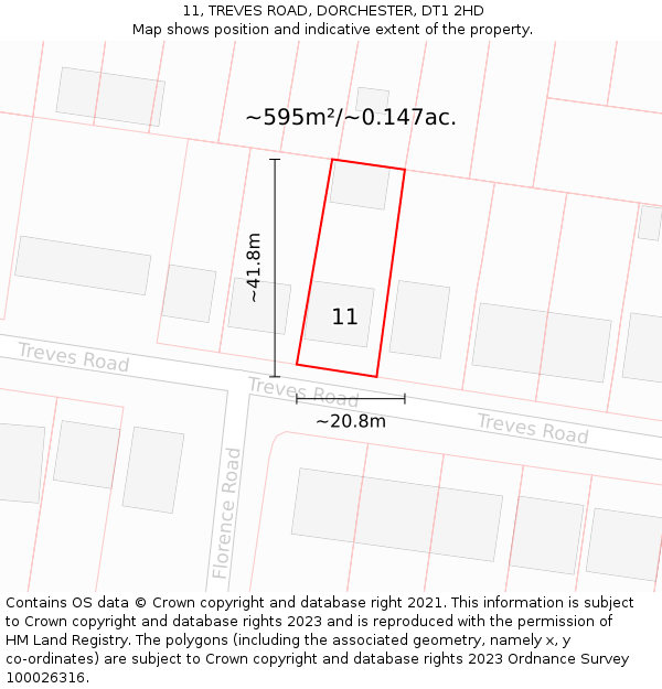 11, TREVES ROAD, DORCHESTER, DT1 2HD: Plot and title map