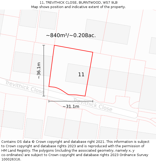 11, TREVITHICK CLOSE, BURNTWOOD, WS7 9LB: Plot and title map