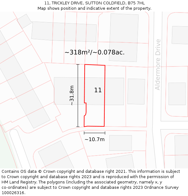 11, TRICKLEY DRIVE, SUTTON COLDFIELD, B75 7HL: Plot and title map