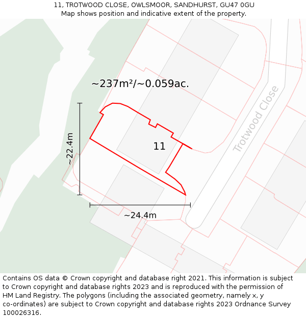 11, TROTWOOD CLOSE, OWLSMOOR, SANDHURST, GU47 0GU: Plot and title map