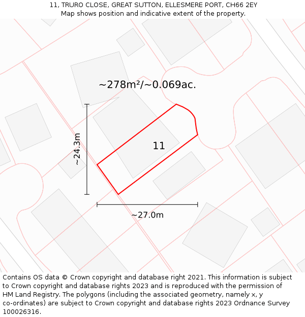 11, TRURO CLOSE, GREAT SUTTON, ELLESMERE PORT, CH66 2EY: Plot and title map