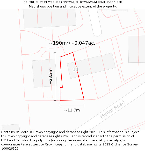 11, TRUSLEY CLOSE, BRANSTON, BURTON-ON-TRENT, DE14 3FB: Plot and title map