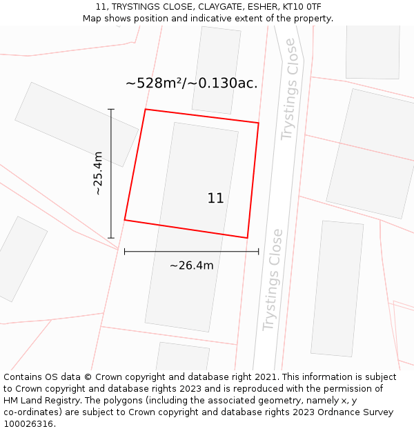 11, TRYSTINGS CLOSE, CLAYGATE, ESHER, KT10 0TF: Plot and title map