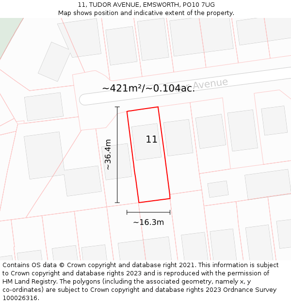 11, TUDOR AVENUE, EMSWORTH, PO10 7UG: Plot and title map