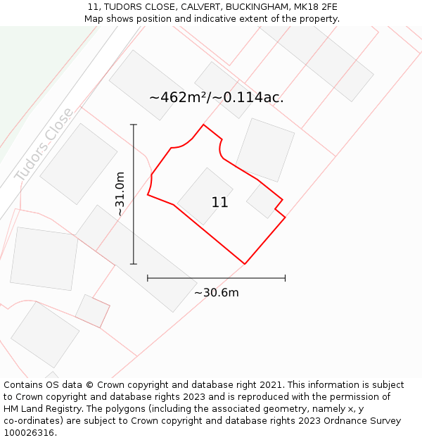 11, TUDORS CLOSE, CALVERT, BUCKINGHAM, MK18 2FE: Plot and title map