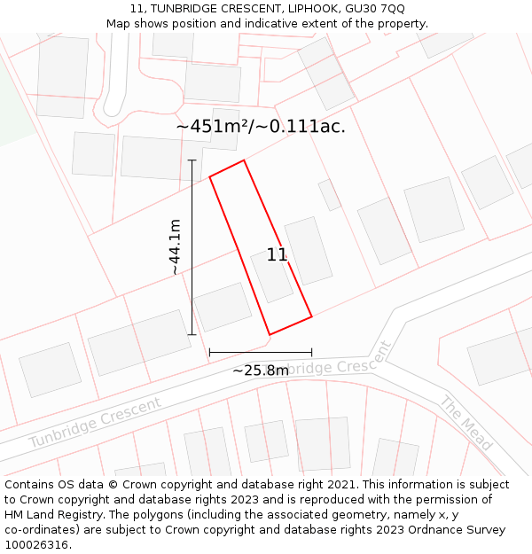 11, TUNBRIDGE CRESCENT, LIPHOOK, GU30 7QQ: Plot and title map
