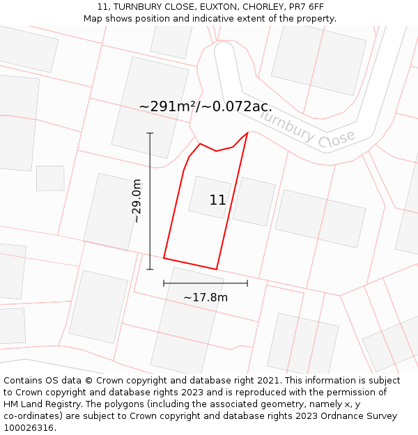 11, TURNBURY CLOSE, EUXTON, CHORLEY, PR7 6FF: Plot and title map