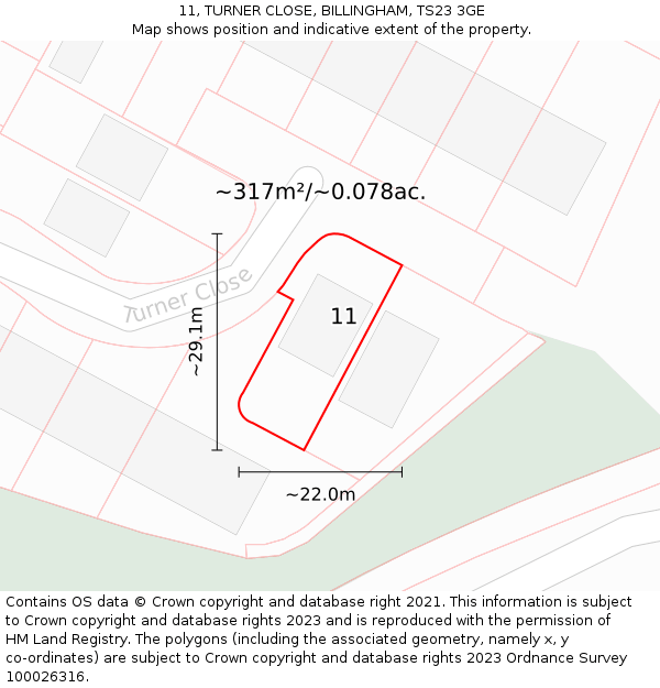 11, TURNER CLOSE, BILLINGHAM, TS23 3GE: Plot and title map