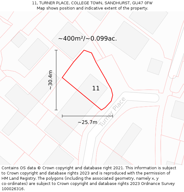 11, TURNER PLACE, COLLEGE TOWN, SANDHURST, GU47 0FW: Plot and title map