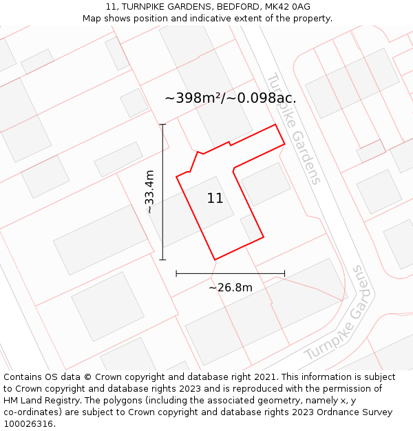 11, TURNPIKE GARDENS, BEDFORD, MK42 0AG: Plot and title map