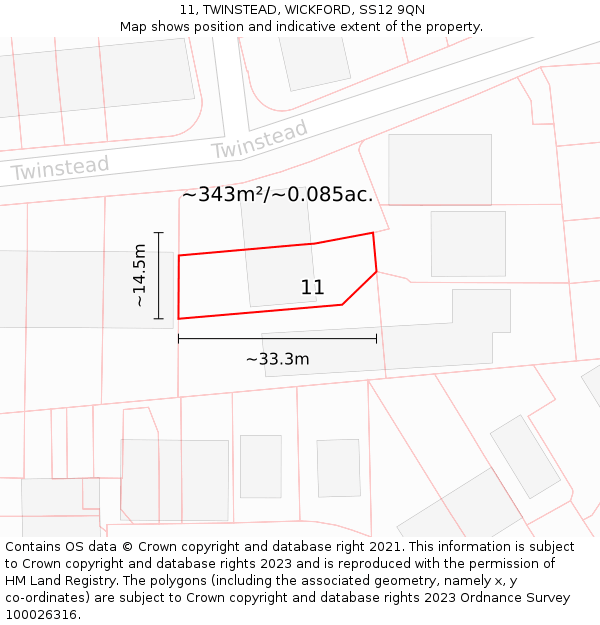 11, TWINSTEAD, WICKFORD, SS12 9QN: Plot and title map