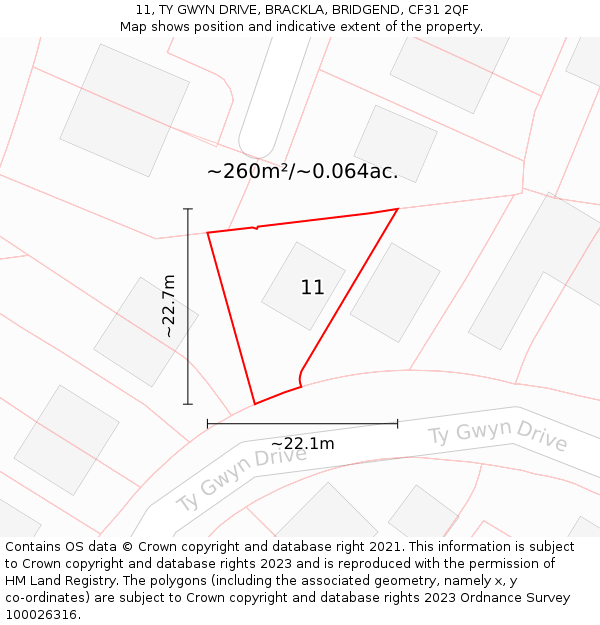 11, TY GWYN DRIVE, BRACKLA, BRIDGEND, CF31 2QF: Plot and title map