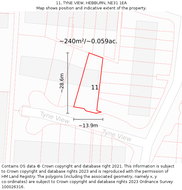 11, TYNE VIEW, HEBBURN, NE31 1EA: Plot and title map