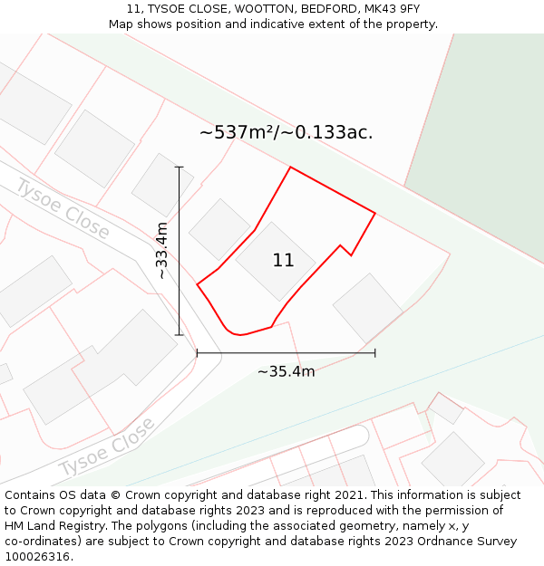 11, TYSOE CLOSE, WOOTTON, BEDFORD, MK43 9FY: Plot and title map