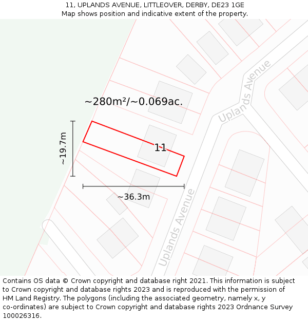 11, UPLANDS AVENUE, LITTLEOVER, DERBY, DE23 1GE: Plot and title map