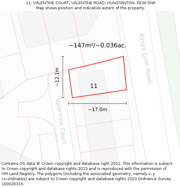 11, VALENTINE COURT, VALENTINE ROAD, HUNSTANTON, PE36 5NP: Plot and title map