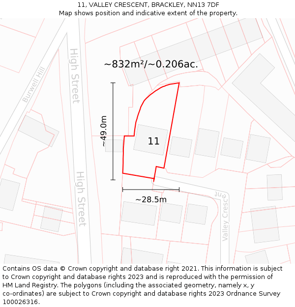 11, VALLEY CRESCENT, BRACKLEY, NN13 7DF: Plot and title map