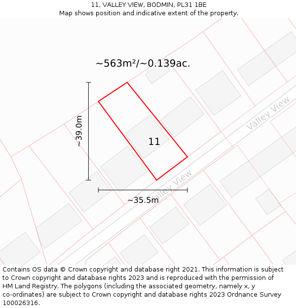 11, VALLEY VIEW, BODMIN, PL31 1BE: Plot and title map
