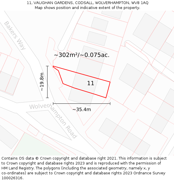 11, VAUGHAN GARDENS, CODSALL, WOLVERHAMPTON, WV8 1AQ: Plot and title map