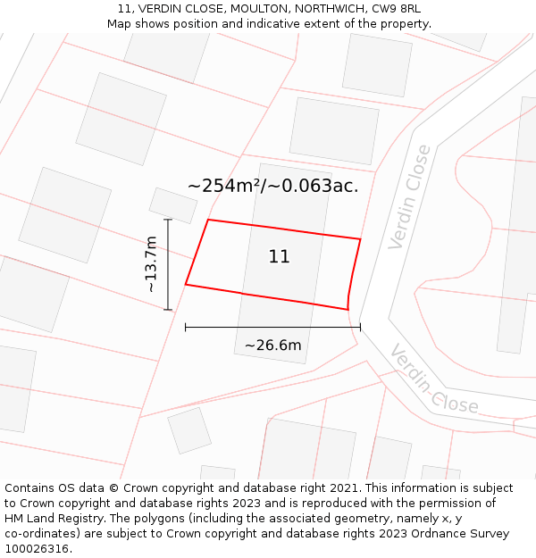 11, VERDIN CLOSE, MOULTON, NORTHWICH, CW9 8RL: Plot and title map