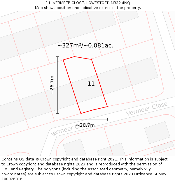 11, VERMEER CLOSE, LOWESTOFT, NR32 4NQ: Plot and title map