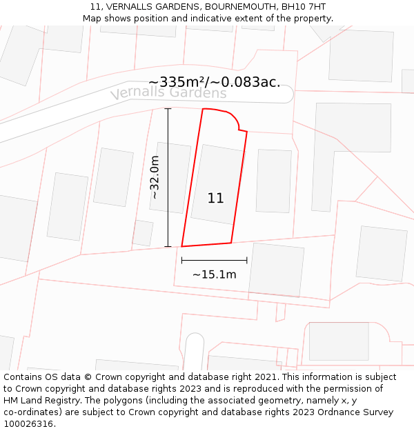 11, VERNALLS GARDENS, BOURNEMOUTH, BH10 7HT: Plot and title map