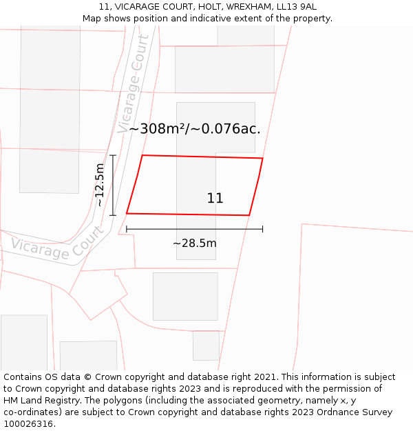 11, VICARAGE COURT, HOLT, WREXHAM, LL13 9AL: Plot and title map